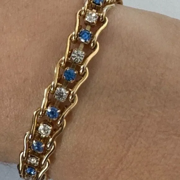 Blue White Rhinestones Tennis Bracelet Gold-Tone Fashion Jewelry - Picture 8 of 10